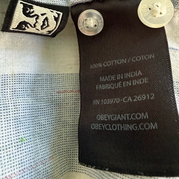 OBEY Worldwide Striped Button-Up Shirt Men’s M Blue White Cotton Short Sleeve - Picture 6 of 11